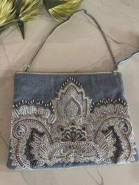 Chico's Gray Embroidered Beaded Wristlet Clutch